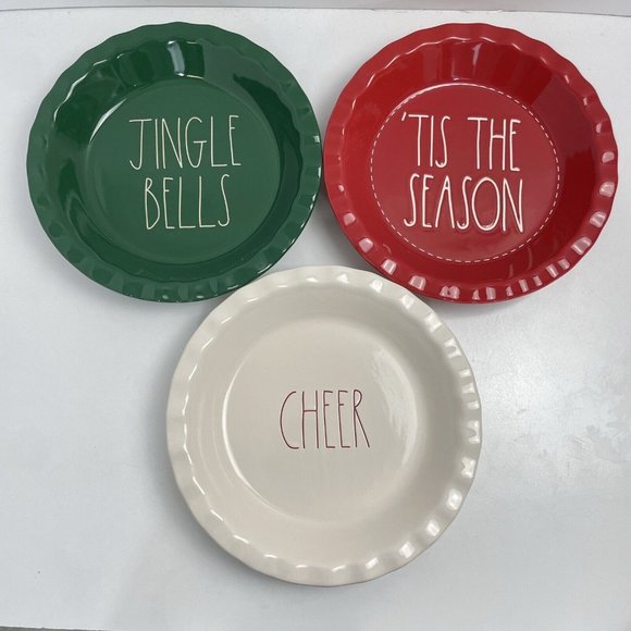 Rae Dunn Jingle Bells Tie the Season Cheer Ceramic Holiday Pie Plate Set of 3 - Picture 1 of 9